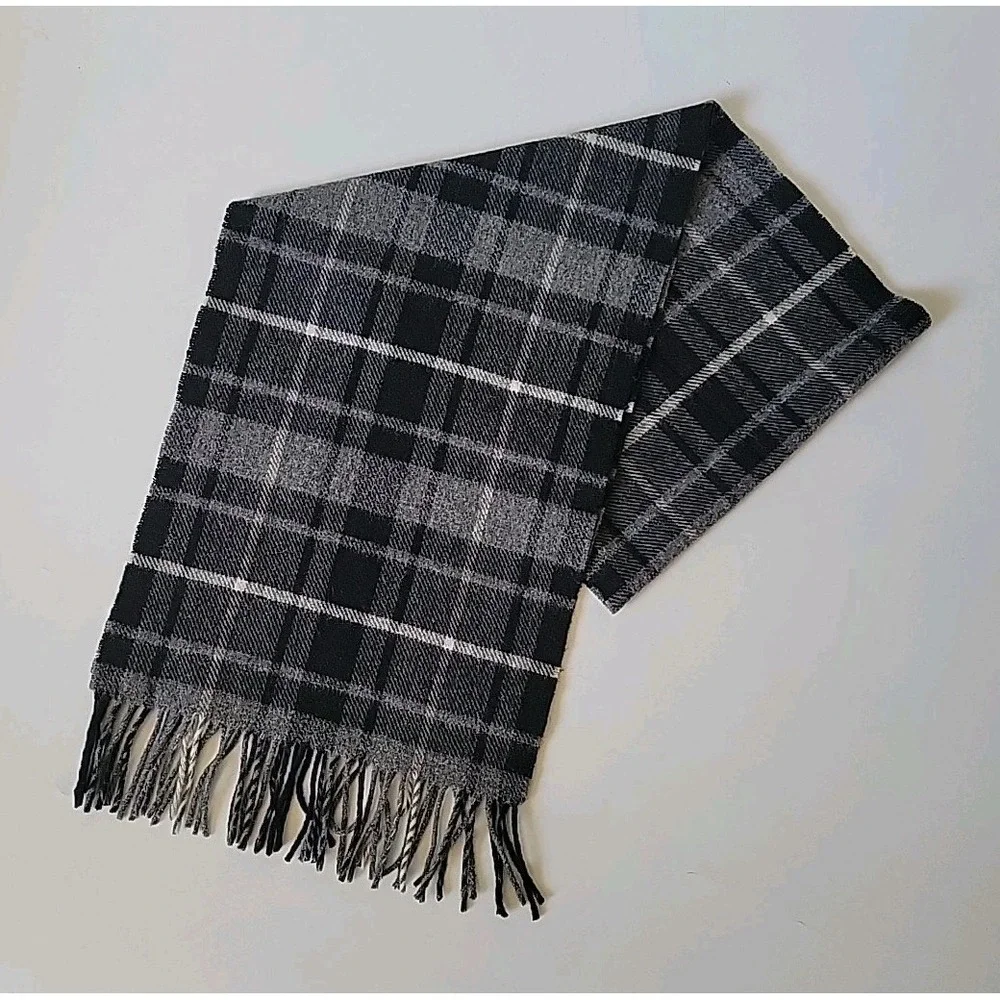 John Hanly Vintage 80s Lambswool Fringed Scarf Black Gray Plaid Flannel Academia